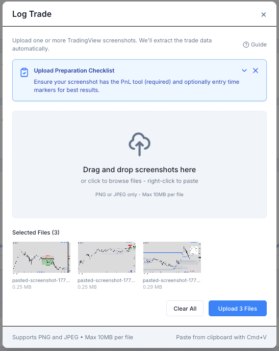 The user has the option to paste their screenshot into TradeJour.nl